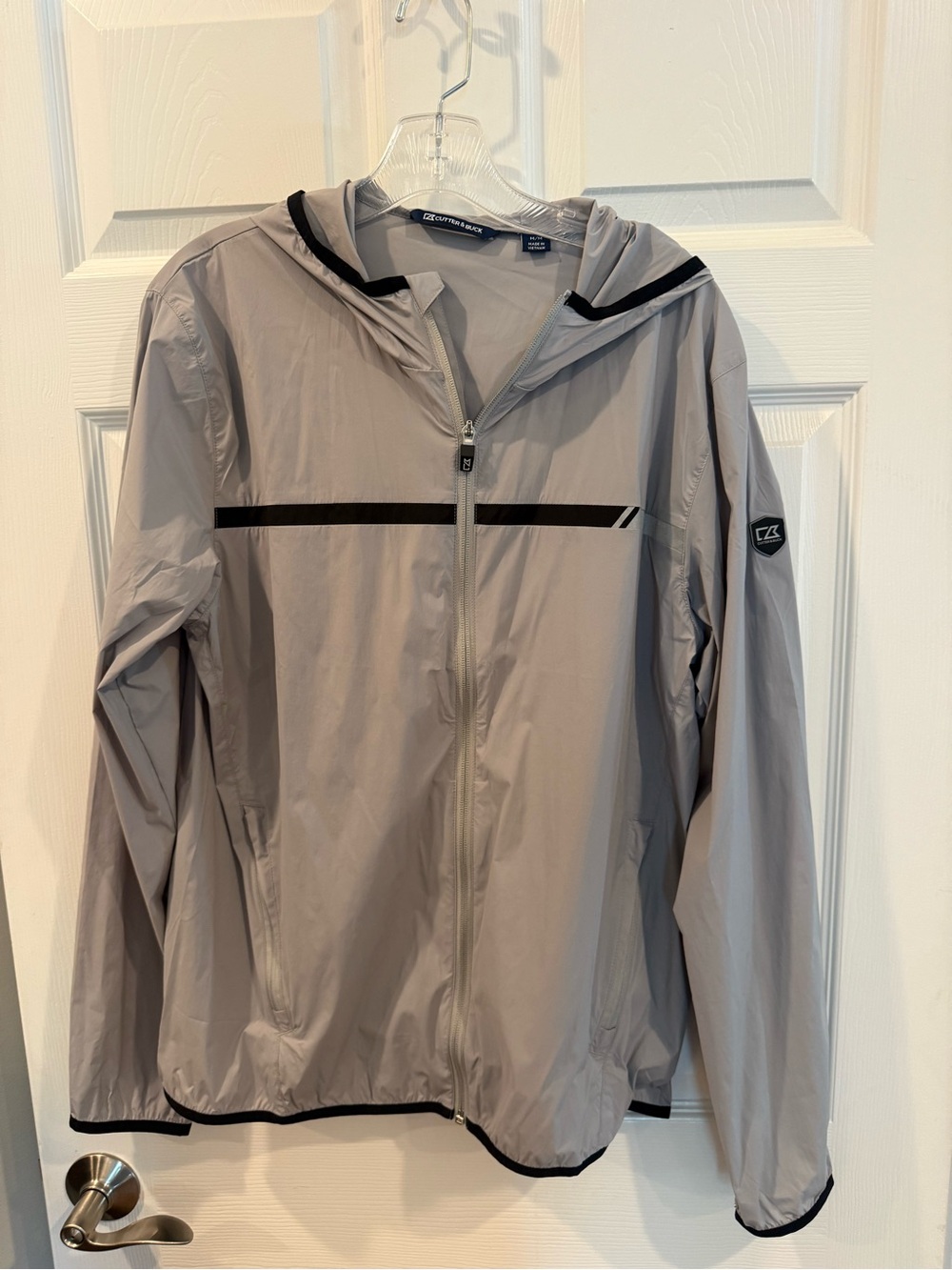 Cutter & Buck Light Gray Hooded Windbreaker with Black Trim